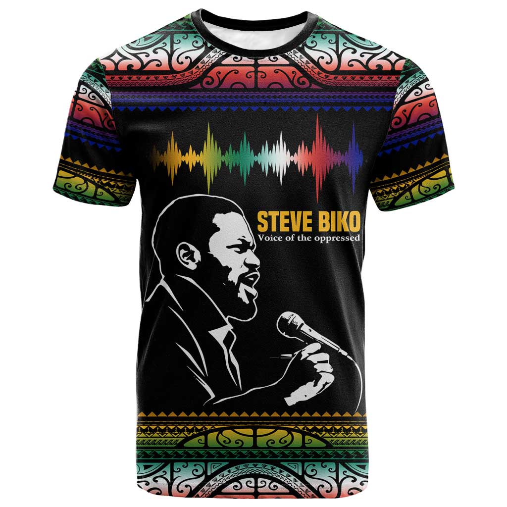 Steve Biko T-Shirt with Microphone Portrait, Black Consciousness Quote and Vibrant Ethnic Wave Graphic Tee