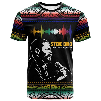 Steve Biko T-Shirt with Microphone Portrait, Black Consciousness Quote and Vibrant Ethnic Wave Graphic Tee