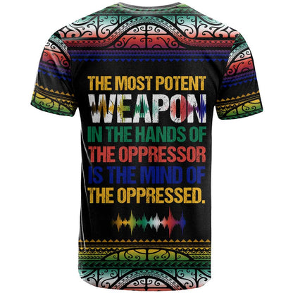 Steve Biko T-Shirt with Microphone Portrait, Black Consciousness Quote and Vibrant Ethnic Wave Graphic Tee