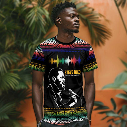 Steve Biko T-Shirt with Microphone Portrait, Black Consciousness Quote and Vibrant Ethnic Wave Graphic Tee