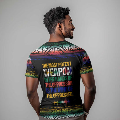 Steve Biko T-Shirt with Microphone Portrait, Black Consciousness Quote and Vibrant Ethnic Wave Graphic Tee