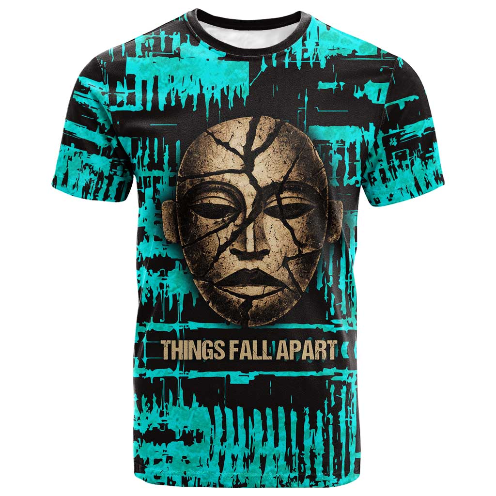 Chinua Achebe T-Shirt with Tribal Mask Design, Things Fall Apart Quote and Teal Abstract Graphic Tee