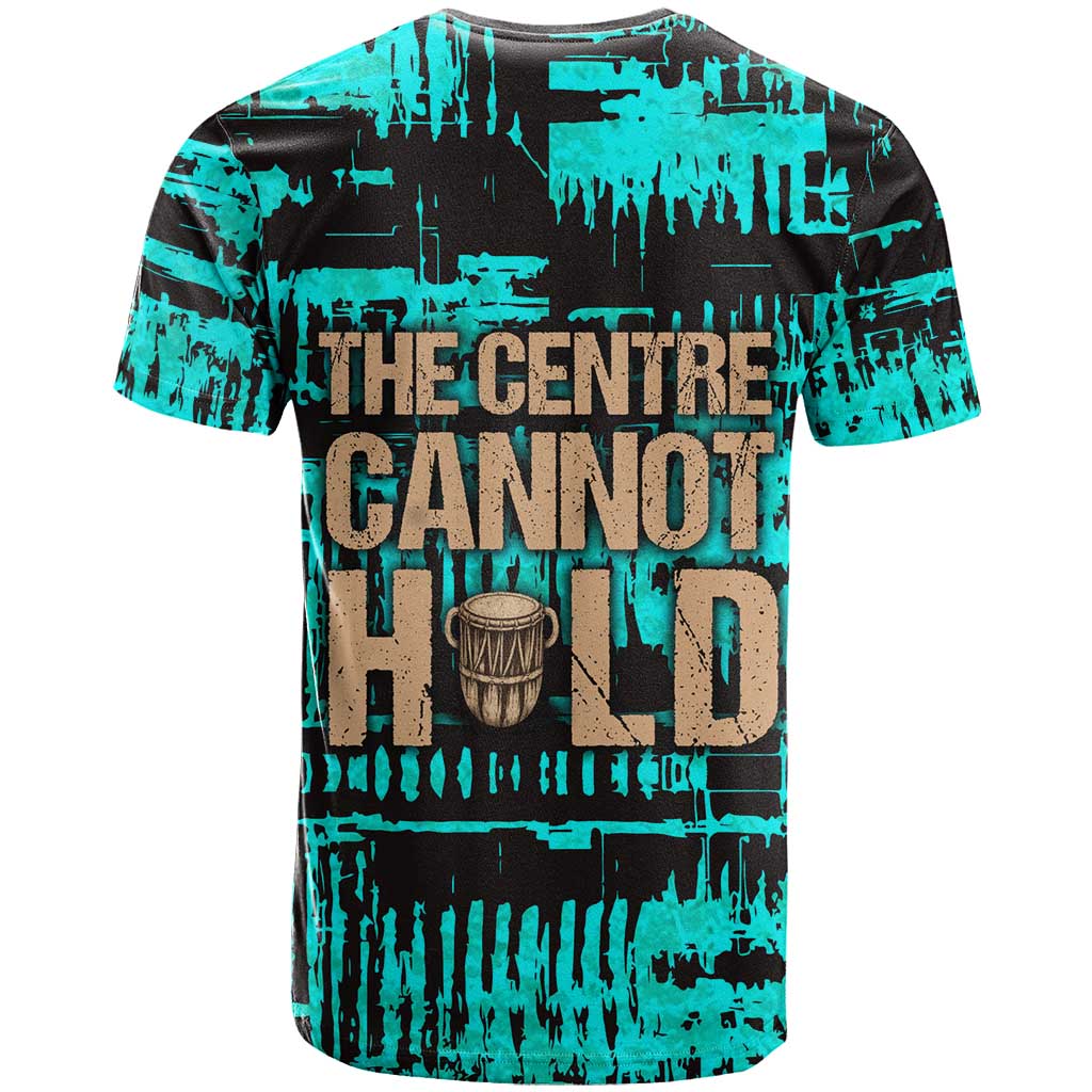 Chinua Achebe T-Shirt with Tribal Mask Design, Things Fall Apart Quote and Teal Abstract Graphic Tee