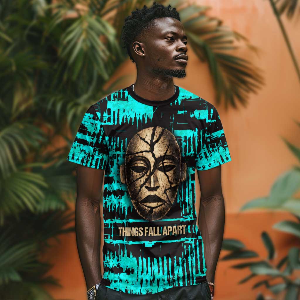 Chinua Achebe T-Shirt with Tribal Mask Design, Things Fall Apart Quote and Teal Abstract Graphic Tee
