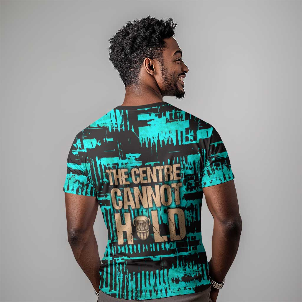 Chinua Achebe T-Shirt with Tribal Mask Design, Things Fall Apart Quote and Teal Abstract Graphic Tee