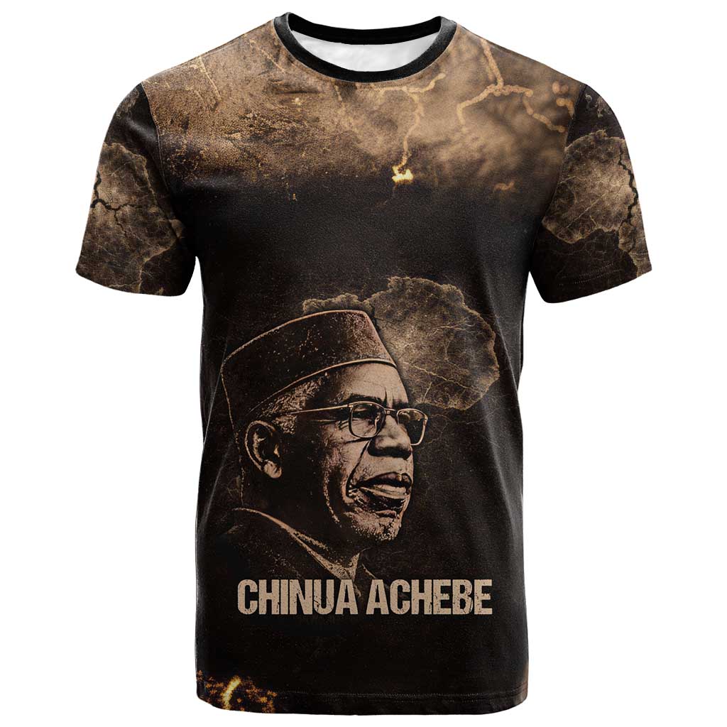 Chinua Achebe T-Shirt with Sepia Portrait, Lion Historians Quote and Vintage African Map Graphic Tee
