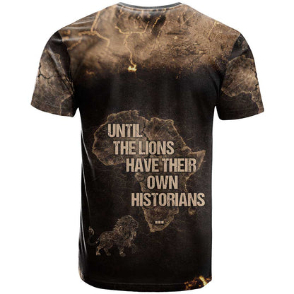 Chinua Achebe T-Shirt with Sepia Portrait, Lion Historians Quote and Vintage African Map Graphic Tee