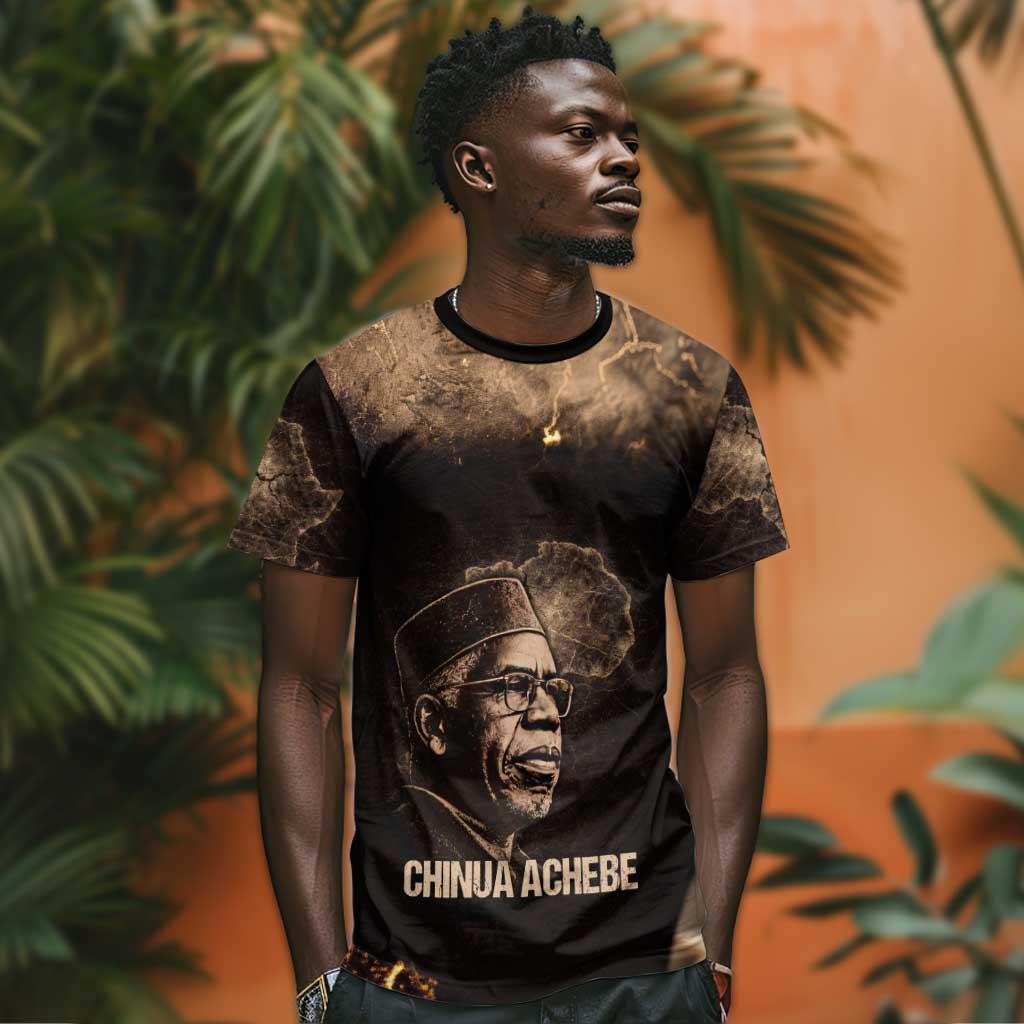 Chinua Achebe T-Shirt with Sepia Portrait, Lion Historians Quote and Vintage African Map Graphic Tee
