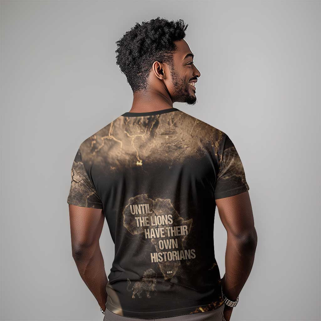Chinua Achebe T-Shirt with Sepia Portrait, Lion Historians Quote and Vintage African Map Graphic Tee