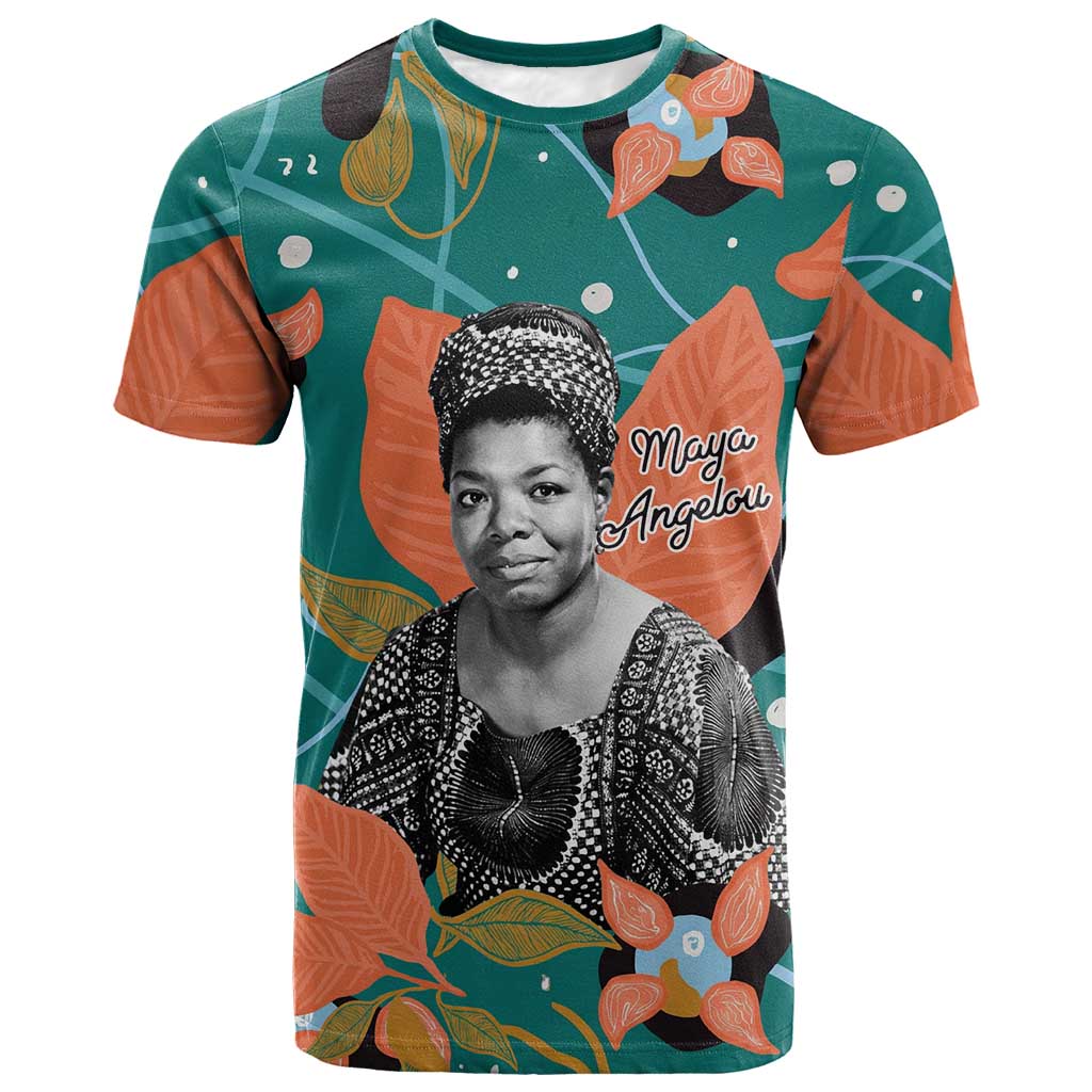 Maya Angelou T-Shirt Inspirational Quote Design Vibrant Teal and Orange Leaf Motif Graphic Tee