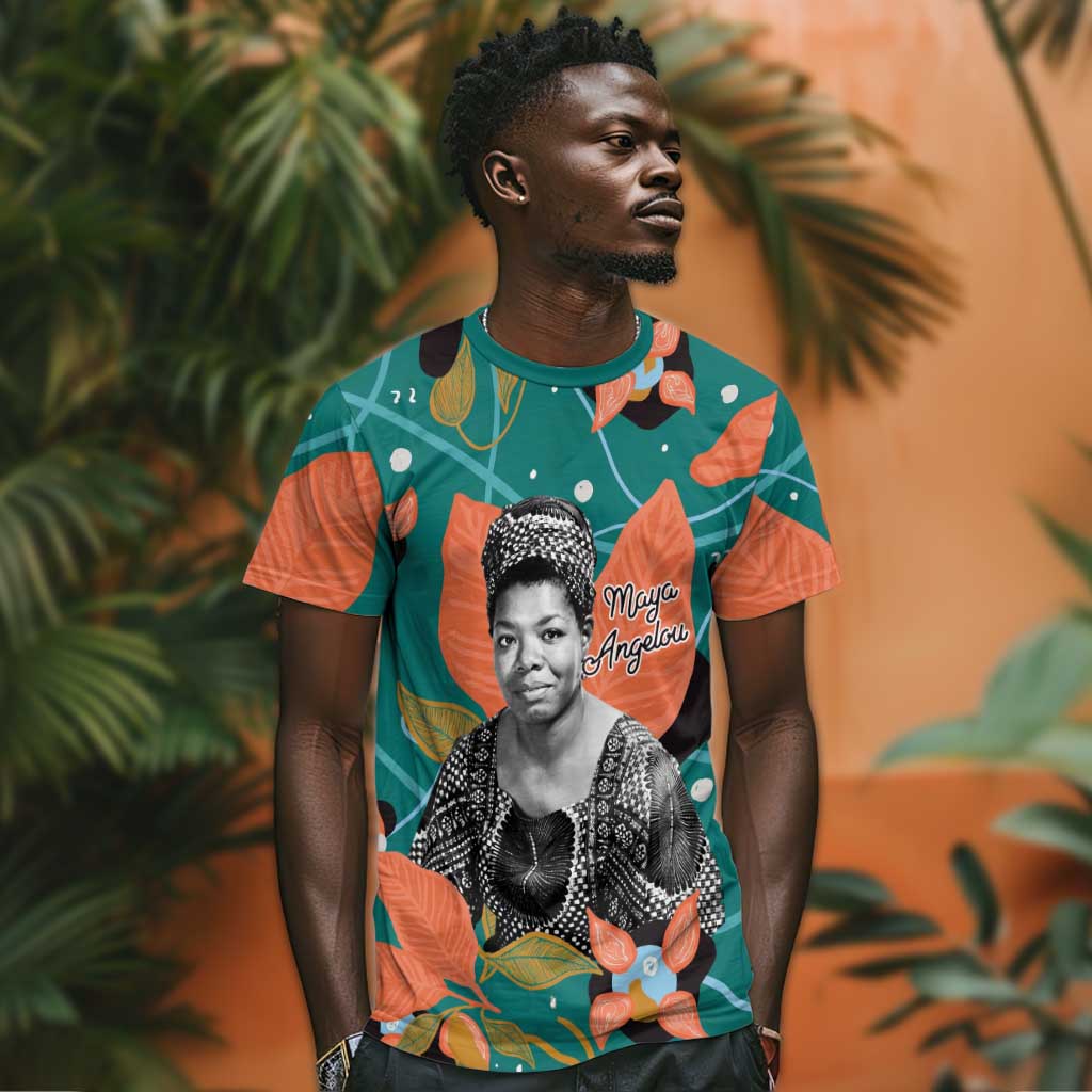 Maya Angelou T-Shirt Inspirational Quote Design Vibrant Teal and Orange Leaf Motif Graphic Tee