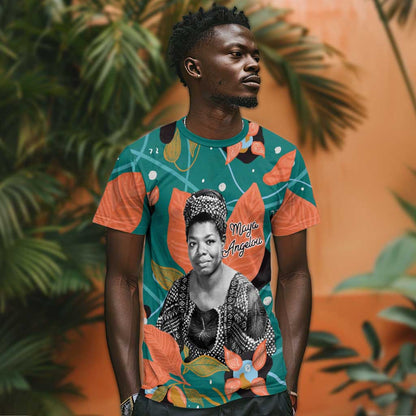 Maya Angelou T-Shirt Inspirational Quote Design Vibrant Teal and Orange Leaf Motif Graphic Tee