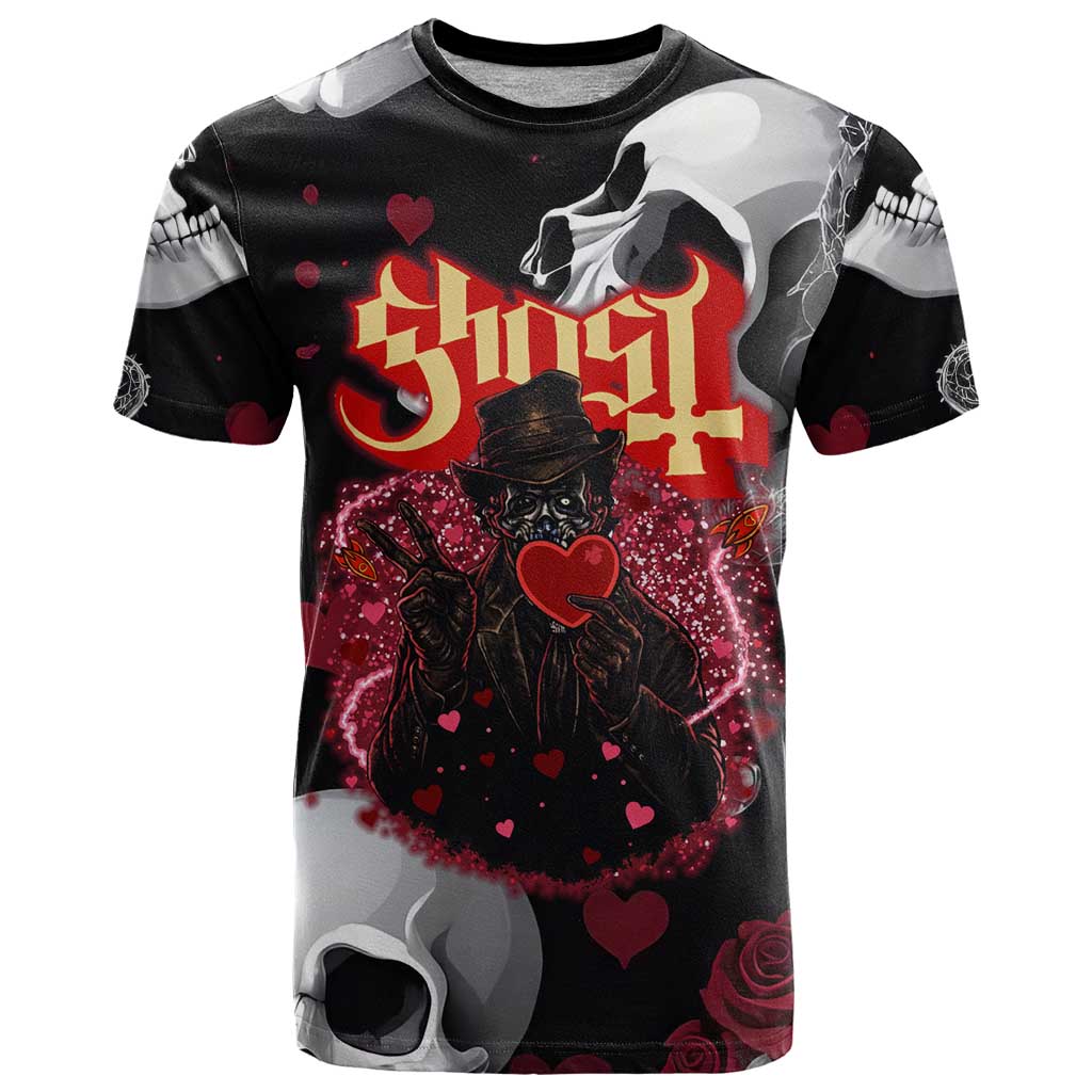 Ghost Valentine T-Shirt with Rockets Skull Heart Pattern Graphic Tee
