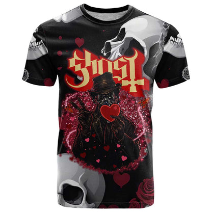 Ghost Valentine T-Shirt with Rockets Skull Heart Pattern Graphic Tee