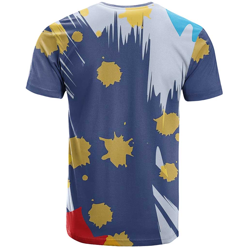Dude I Said Friendly Graphic T-Shirt with Gold Paint Splatter and Retro Stripes Graphic Tee