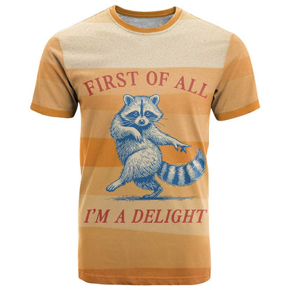 First Of All Raccoon Humor T-Shirt with Vintage Orange Stripes Graphic Tee