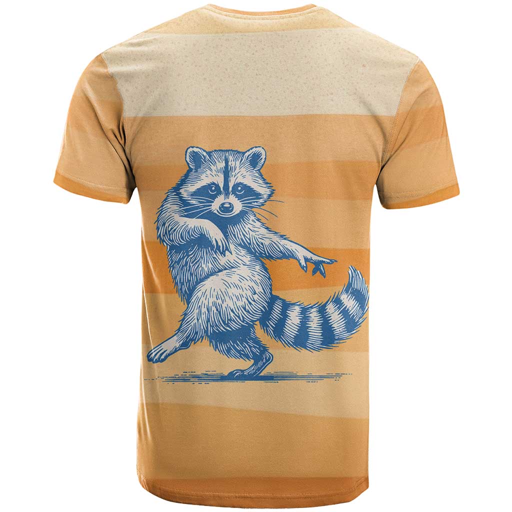 First Of All Raccoon Humor T-Shirt with Vintage Orange Stripes Graphic Tee