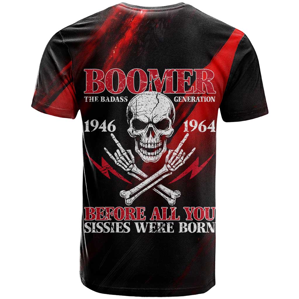 Boomer Generation T-Shirt with Skull Crossbones and Grunge Streak Pattern Graphic Tee
