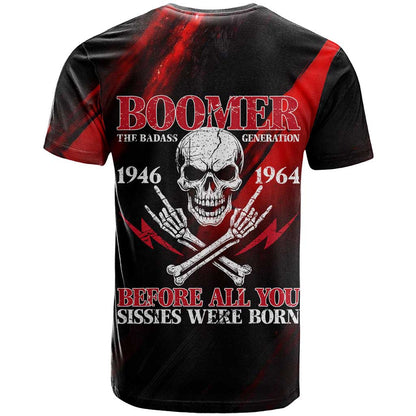 Boomer Generation T-Shirt with Skull Crossbones and Grunge Streak Pattern Graphic Tee