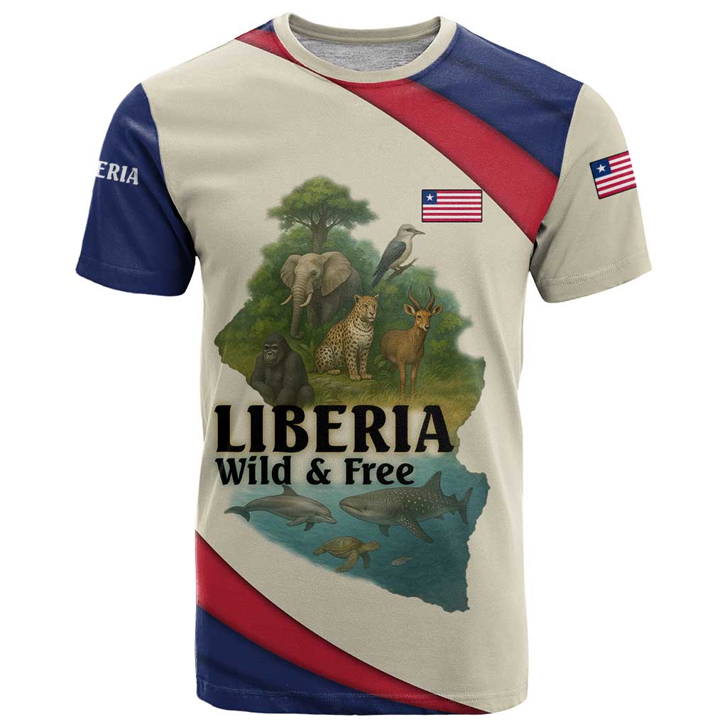 Liberia Wildlife T-Shirt with African Safari and Ocean Marine Life Design Graphic Tee