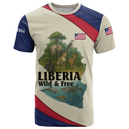 Liberia Wildlife T-Shirt with African Safari and Ocean Marine Life Design Graphic Tee