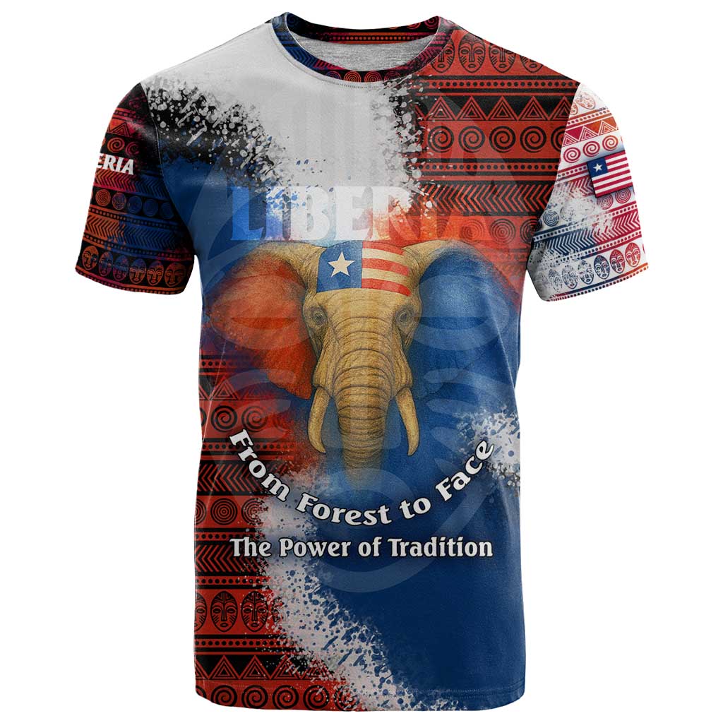 Liberia Elephant Power of Tradition T-Shirt with Tribal Red Blue Splash Pattern Graphic Tee