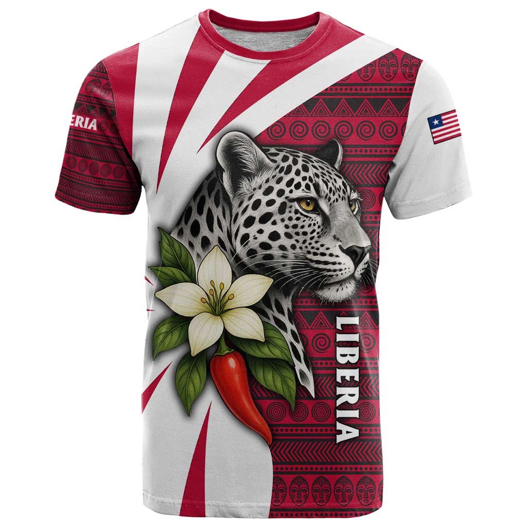 Liberia T-Shirt with Leopard Head, White Lily, and Red Chili Tribal Design Graphic Tee