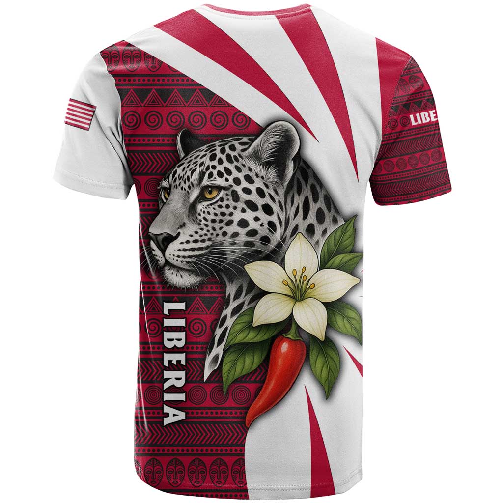 Liberia T-Shirt with Leopard Head, White Lily, and Red Chili Tribal Design Graphic Tee