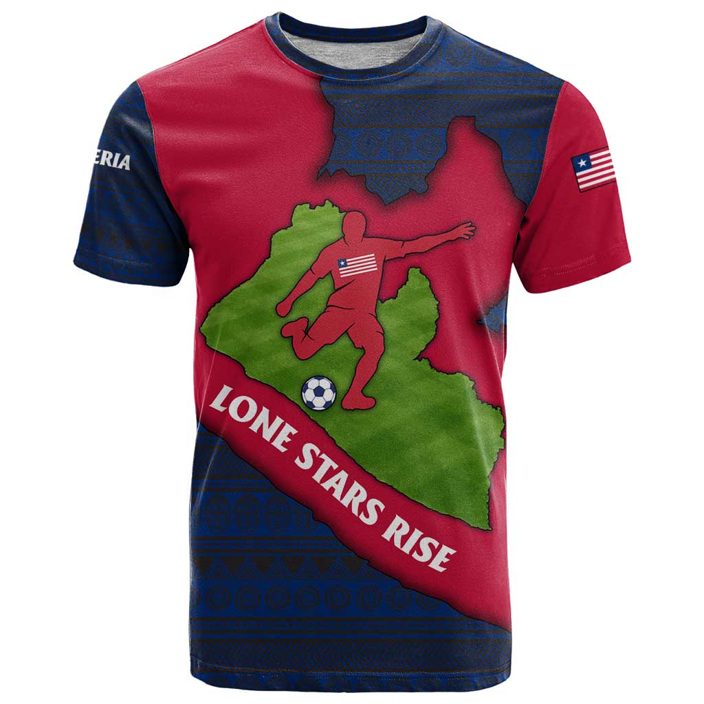 Liberia Lone Stars Rise Football T-Shirt with Map Graphic and National Flag Design Graphic Tee