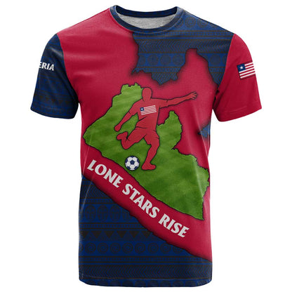 Liberia Lone Stars Rise Football T-Shirt with Map Graphic and National Flag Design Graphic Tee