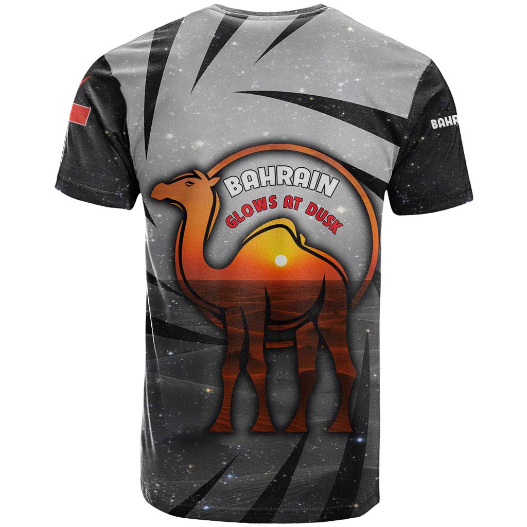 Bahrain Desert Camel T-Shirt with Sunset Glow and Starry Sky Graphic Tee
