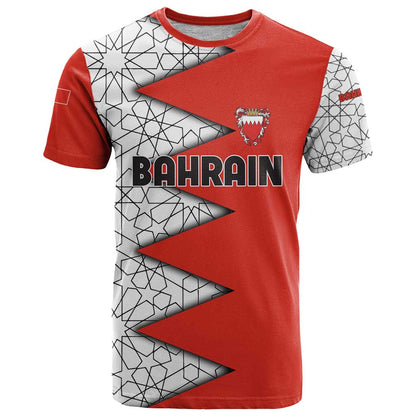 Bahrain Shield Design T-Shirt with Arabesque Tile Motif in Red Graphic Tee