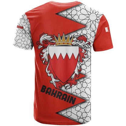 Bahrain Shield Design T-Shirt with Arabesque Tile Motif in Red Graphic Tee