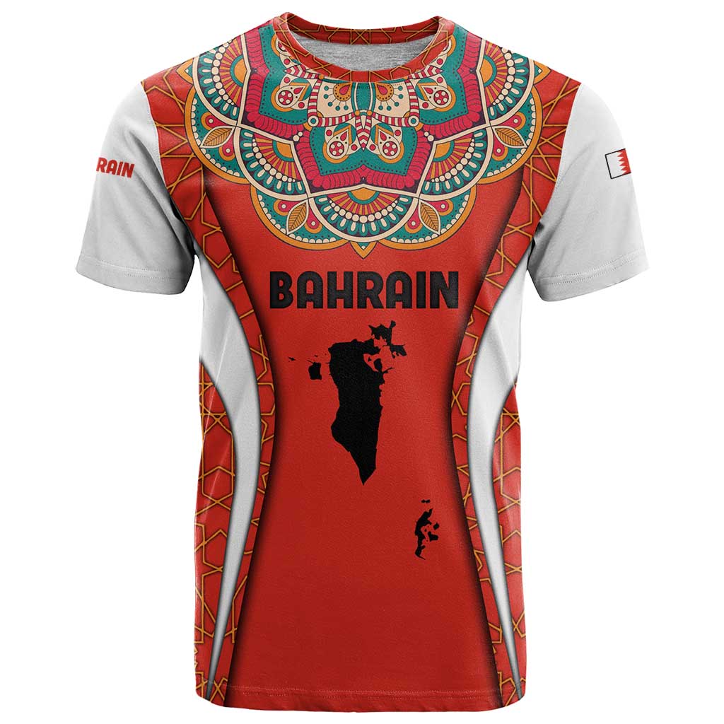 Bahrain Mandala Pattern T-Shirt with National Map and Arabic Geometric Design Graphic Tee