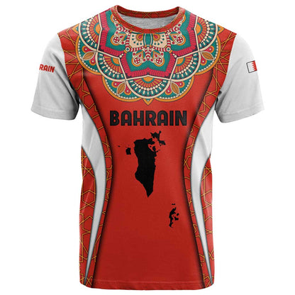 Bahrain Mandala Pattern T-Shirt with National Map and Arabic Geometric Design Graphic Tee