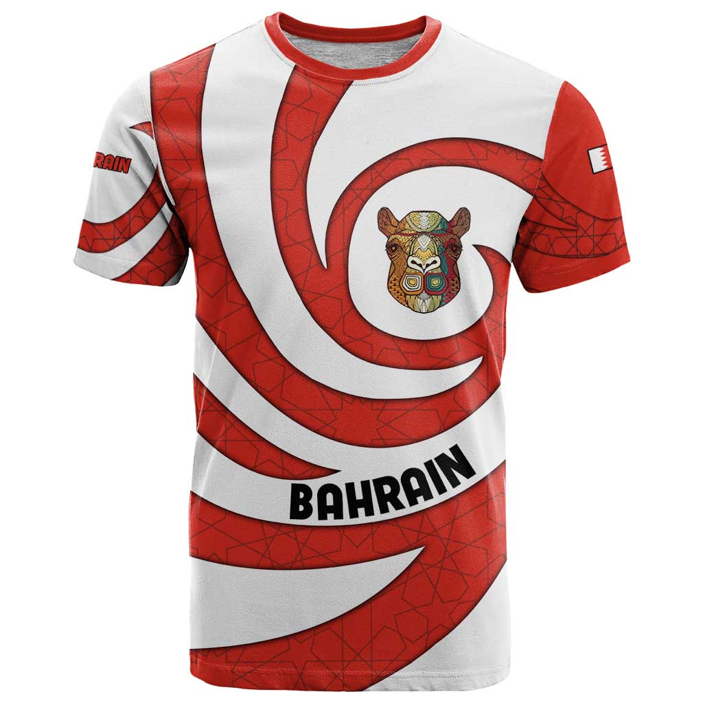 Bahrain Tribal Camel T-Shirt with Red Mosaic Swirl and Heritage Slogan Graphic Tee