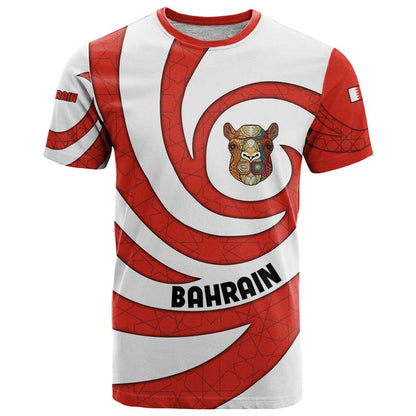 Bahrain Tribal Camel T-Shirt with Red Mosaic Swirl and Heritage Slogan Graphic Tee