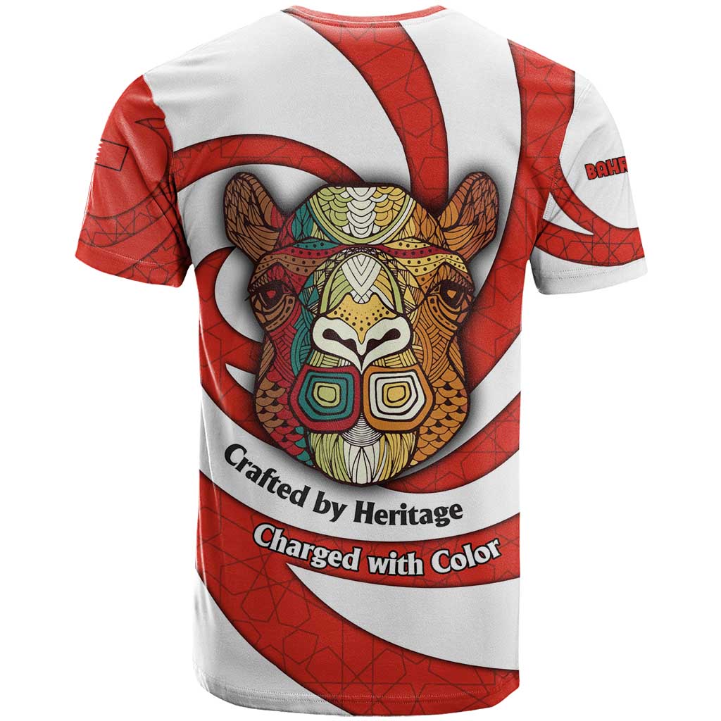 Bahrain Tribal Camel T-Shirt with Red Mosaic Swirl and Heritage Slogan Graphic Tee