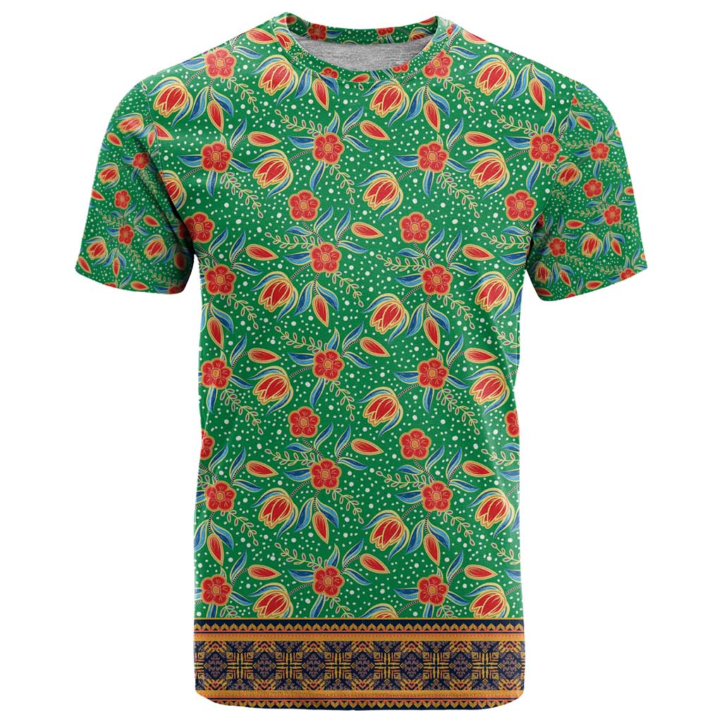 Traditional Malaysian Batik Floral T-Shirt with Green Tulip and Red Blossom Pattern Graphic Tee