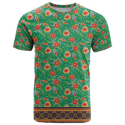 Traditional Malaysian Batik Floral T-Shirt with Green Tulip and Red Blossom Pattern Graphic Tee