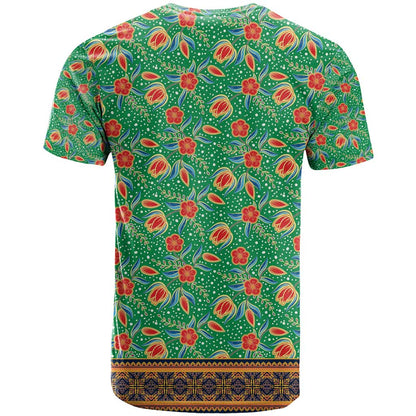 Traditional Malaysian Batik Floral T-Shirt with Green Tulip and Red Blossom Pattern Graphic Tee