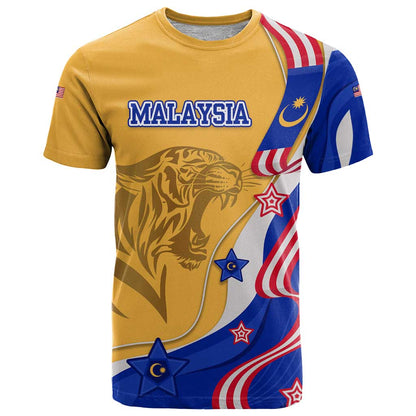 Malaysian Tiger and National Flag T-Shirt with Royal Gold and Blue Design Graphic Tee