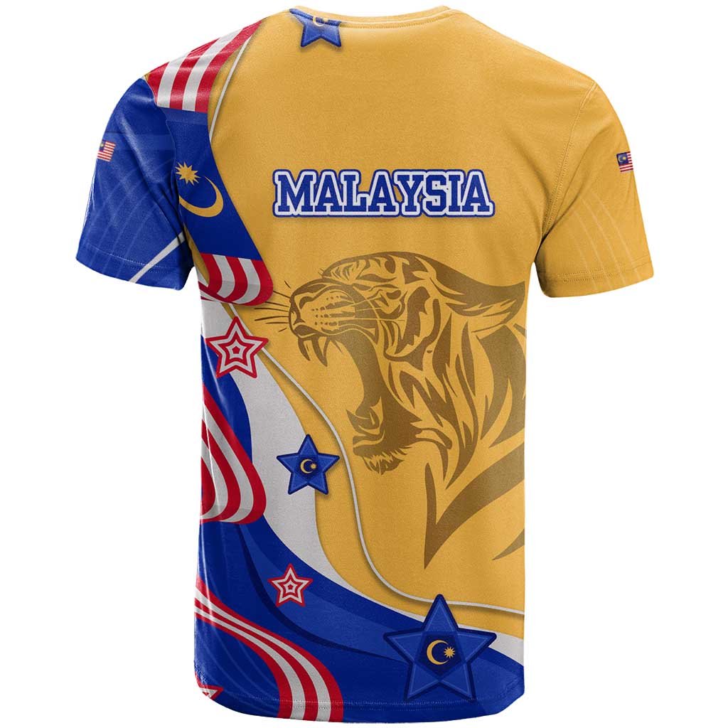 Malaysian Tiger and National Flag T-Shirt with Royal Gold and Blue Design Graphic Tee