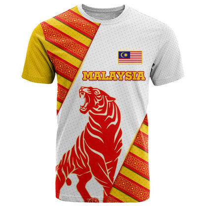 Malaysia National Crest T-Shirt with Red Tiger and Traditional Batik Yellow White Graphic Tee