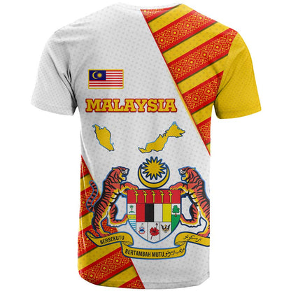 Malaysia National Crest T-Shirt with Red Tiger and Traditional Batik Yellow White Graphic Tee
