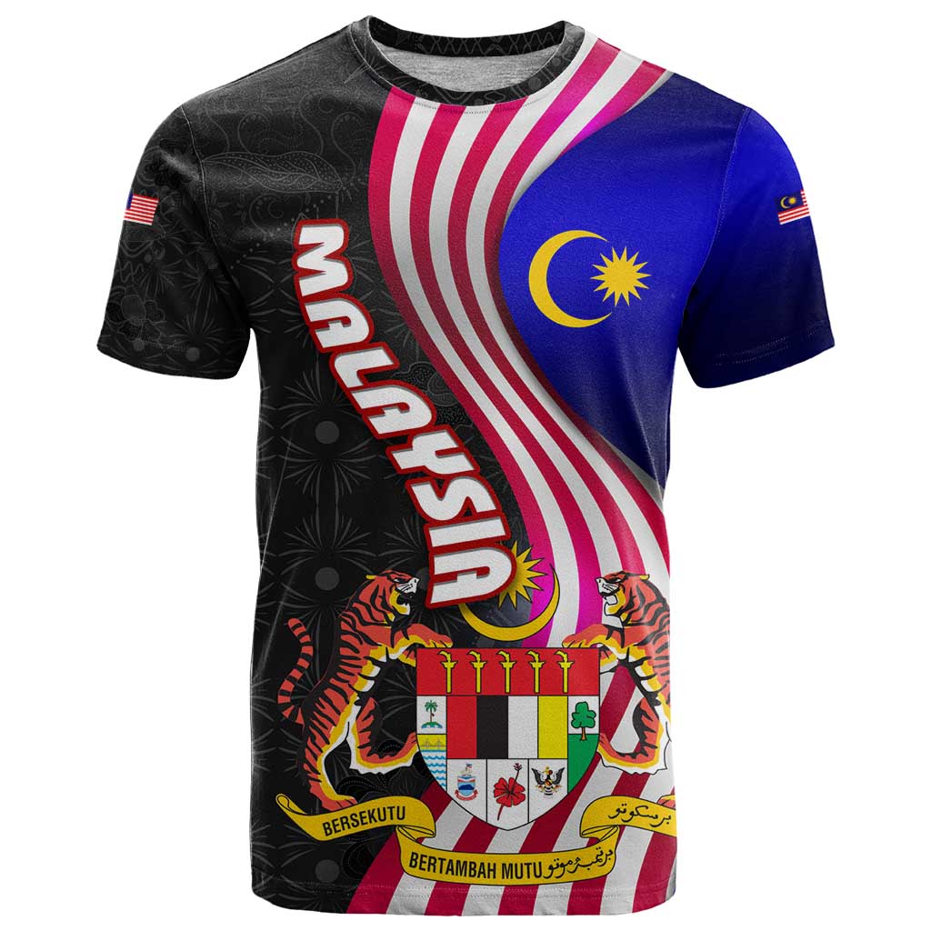 Malaysia Coat of Arms T-Shirt with National Flag and Black Batik Pattern Graphic Tee