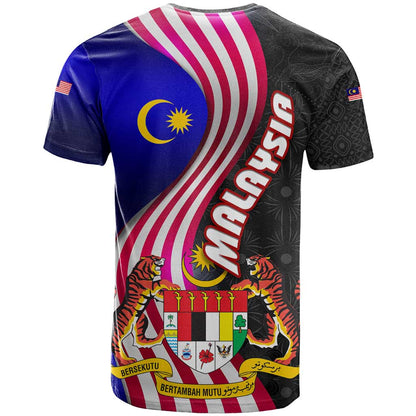 Malaysia Coat of Arms T-Shirt with National Flag and Black Batik Pattern Graphic Tee
