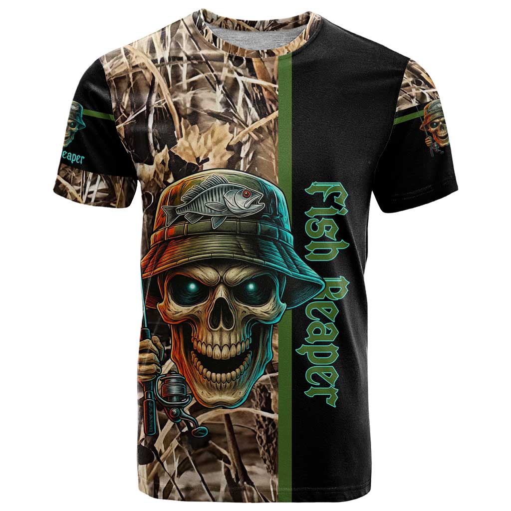 Personalized Fish Reaper Skull T-Shirt Camouflage Background and Fishing Rod Graphic Design Graphic Tee