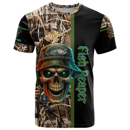 Personalized Fish Reaper Skull T-Shirt Camouflage Background and Fishing Rod Graphic Design Graphic Tee