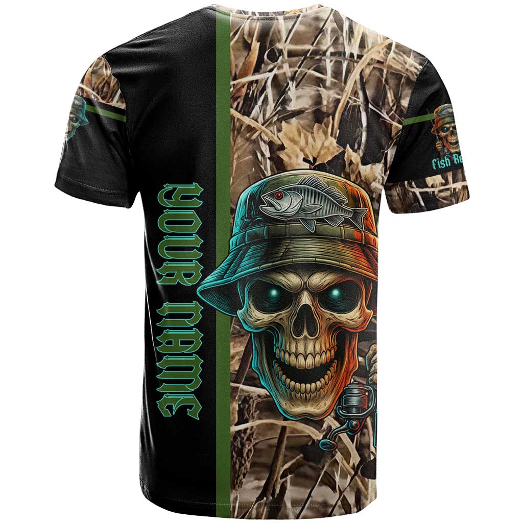 Personalized Fish Reaper Skull T-Shirt Camouflage Background and Fishing Rod Graphic Design Graphic Tee